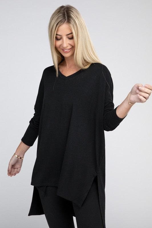 ZENANA Dolman Long Sleeve V-Neck Side Slit Hi-Low Hem Top - SwagglyLife Home & Fashion