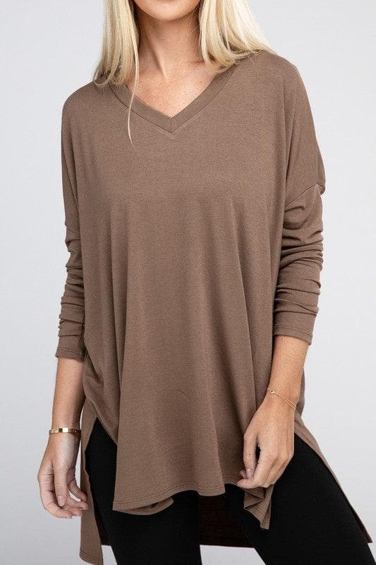 ZENANA Dolman Long Sleeve V-Neck Side Slit Hi-Low Hem Top - SwagglyLife Home & Fashion