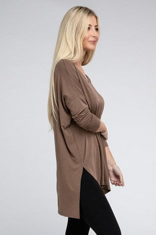 ZENANA Dolman Long Sleeve V-Neck Side Slit Hi-Low Hem Top - SwagglyLife Home & Fashion