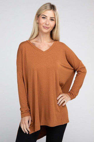 ZENANA Dolman Long Sleeve V-Neck Side Slit Hi-Low Hem Top - SwagglyLife Home & Fashion