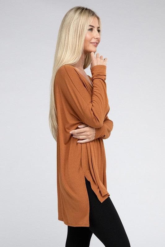 ZENANA Dolman Long Sleeve V-Neck Side Slit Hi-Low Hem Top - SwagglyLife Home & Fashion