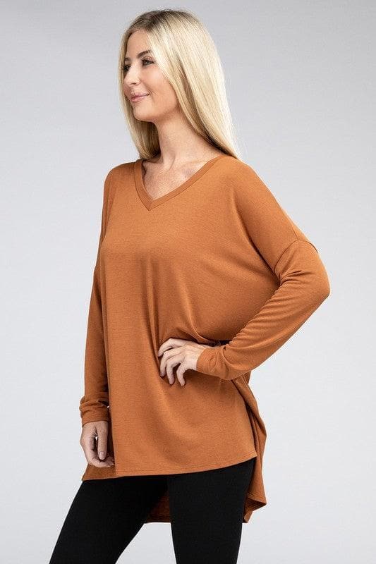 ZENANA Dolman Long Sleeve V-Neck Side Slit Hi-Low Hem Top - SwagglyLife Home & Fashion