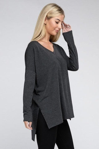 ZENANA Dolman Long Sleeve V-Neck Side Slit Hi-Low Hem Top - SwagglyLife Home & Fashion