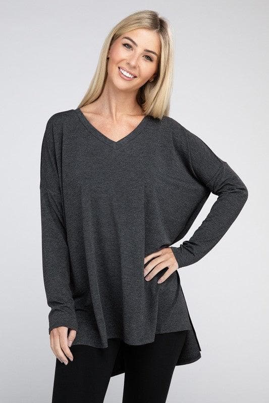 ZENANA Dolman Long Sleeve V-Neck Side Slit Hi-Low Hem Top - SwagglyLife Home & Fashion