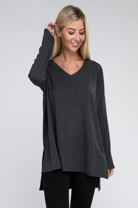 ZENANA Dolman Long Sleeve V-Neck Side Slit Hi-Low Hem Top - SwagglyLife Home & Fashion