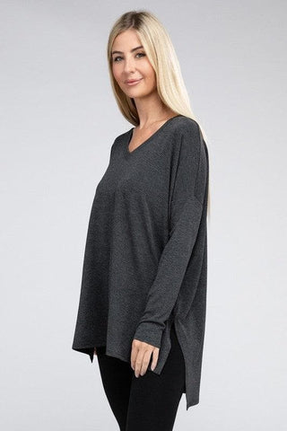 ZENANA Dolman Long Sleeve V-Neck Side Slit Hi-Low Hem Top - SwagglyLife Home & Fashion