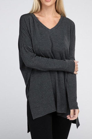 ZENANA Dolman Long Sleeve V-Neck Side Slit Hi-Low Hem Top - SwagglyLife Home & Fashion