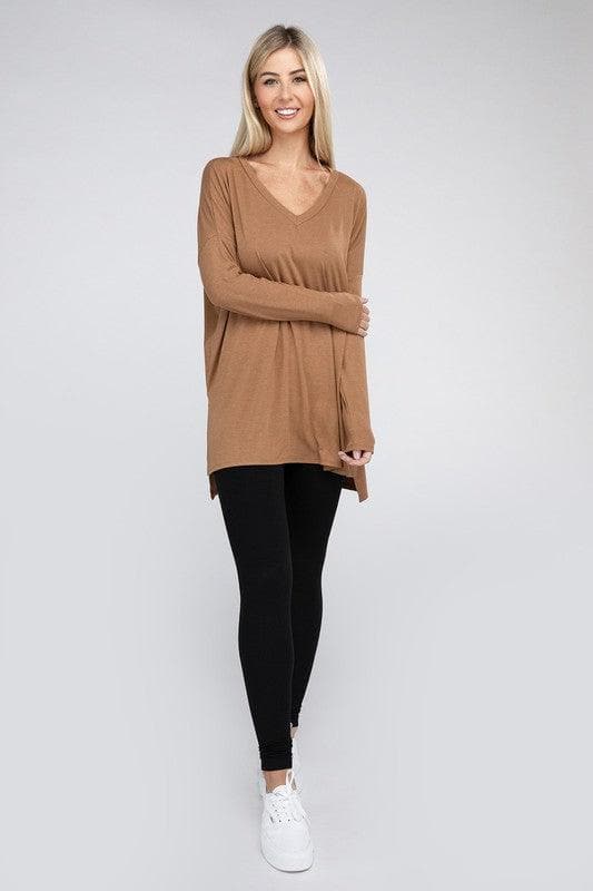 ZENANA Dolman Long Sleeve V-Neck Side Slit Hi-Low Hem Top - SwagglyLife Home & Fashion