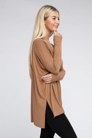 ZENANA Dolman Long Sleeve V-Neck Side Slit Hi-Low Hem Top - SwagglyLife Home & Fashion