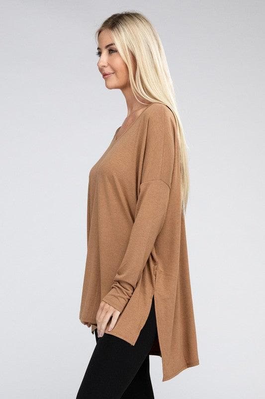 ZENANA Dolman Long Sleeve V-Neck Side Slit Hi-Low Hem Top - SwagglyLife Home & Fashion