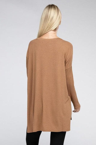 ZENANA Dolman Long Sleeve V-Neck Side Slit Hi-Low Hem Top - SwagglyLife Home & Fashion