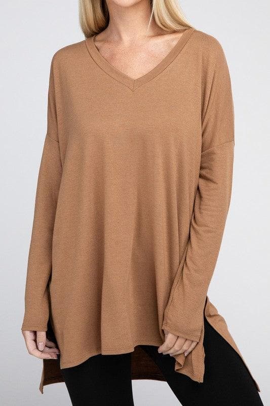 ZENANA Dolman Long Sleeve V-Neck Side Slit Hi-Low Hem Top - SwagglyLife Home & Fashion