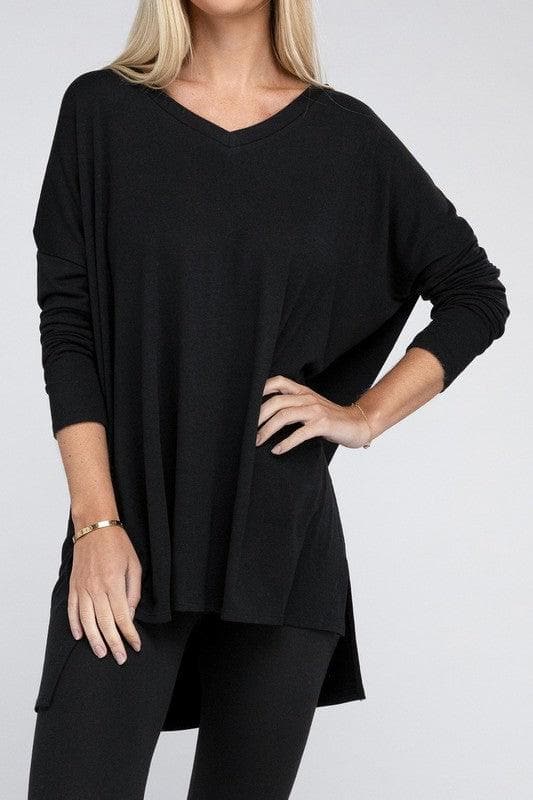 ZENANA Dolman Long Sleeve V-Neck Side Slit Hi-Low Hem Top - SwagglyLife Home & Fashion