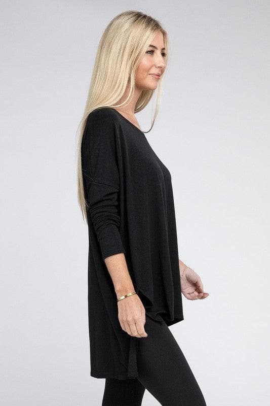 ZENANA Dolman Long Sleeve V-Neck Side Slit Hi-Low Hem Top - SwagglyLife Home & Fashion