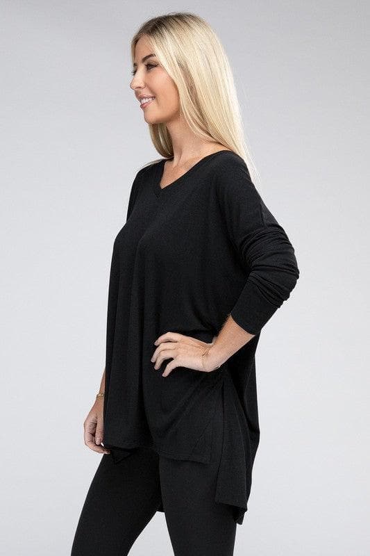 ZENANA Dolman Long Sleeve V-Neck Side Slit Hi-Low Hem Top - SwagglyLife Home & Fashion