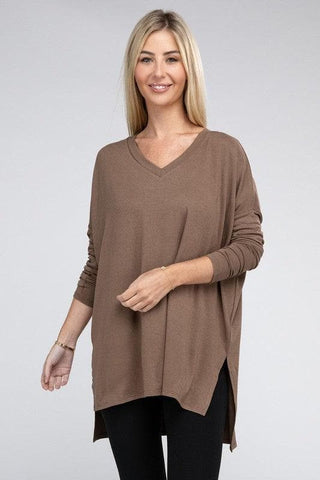 ZENANA Dolman Long Sleeve V-Neck Side Slit Hi-Low Hem Top - SwagglyLife Home & Fashion