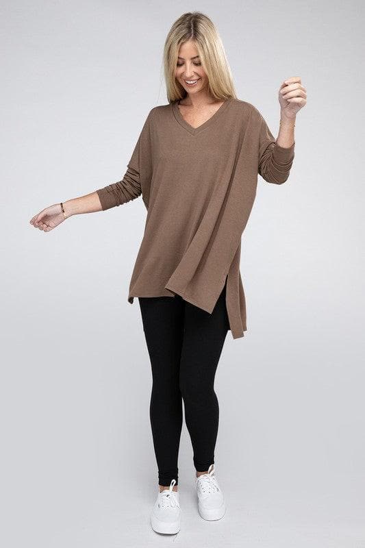 ZENANA Dolman Long Sleeve V-Neck Side Slit Hi-Low Hem Top - SwagglyLife Home & Fashion