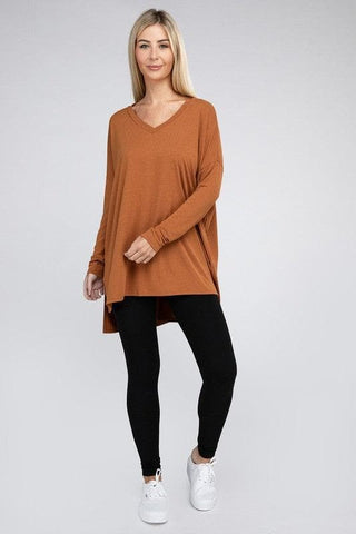 ZENANA Dolman Long Sleeve V-Neck Side Slit Hi-Low Hem Top - SwagglyLife Home & Fashion