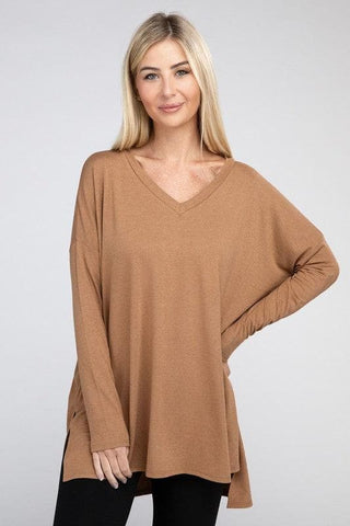 ZENANA Dolman Long Sleeve V-Neck Side Slit Hi-Low Hem Top - SwagglyLife Home & Fashion