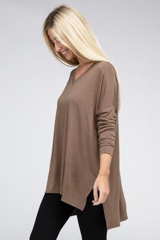 ZENANA Dolman Long Sleeve V-Neck Side Slit Hi-Low Hem Top - SwagglyLife Home & Fashion