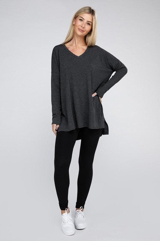 ZENANA Dolman Long Sleeve V-Neck Side Slit Hi-Low Hem Top - SwagglyLife Home & Fashion