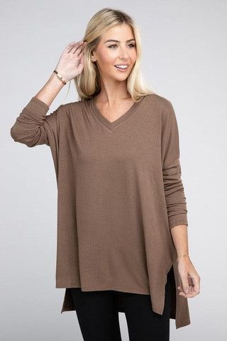 ZENANA Dolman Long Sleeve V-Neck Side Slit Hi-Low Hem Top - SwagglyLife Home & Fashion