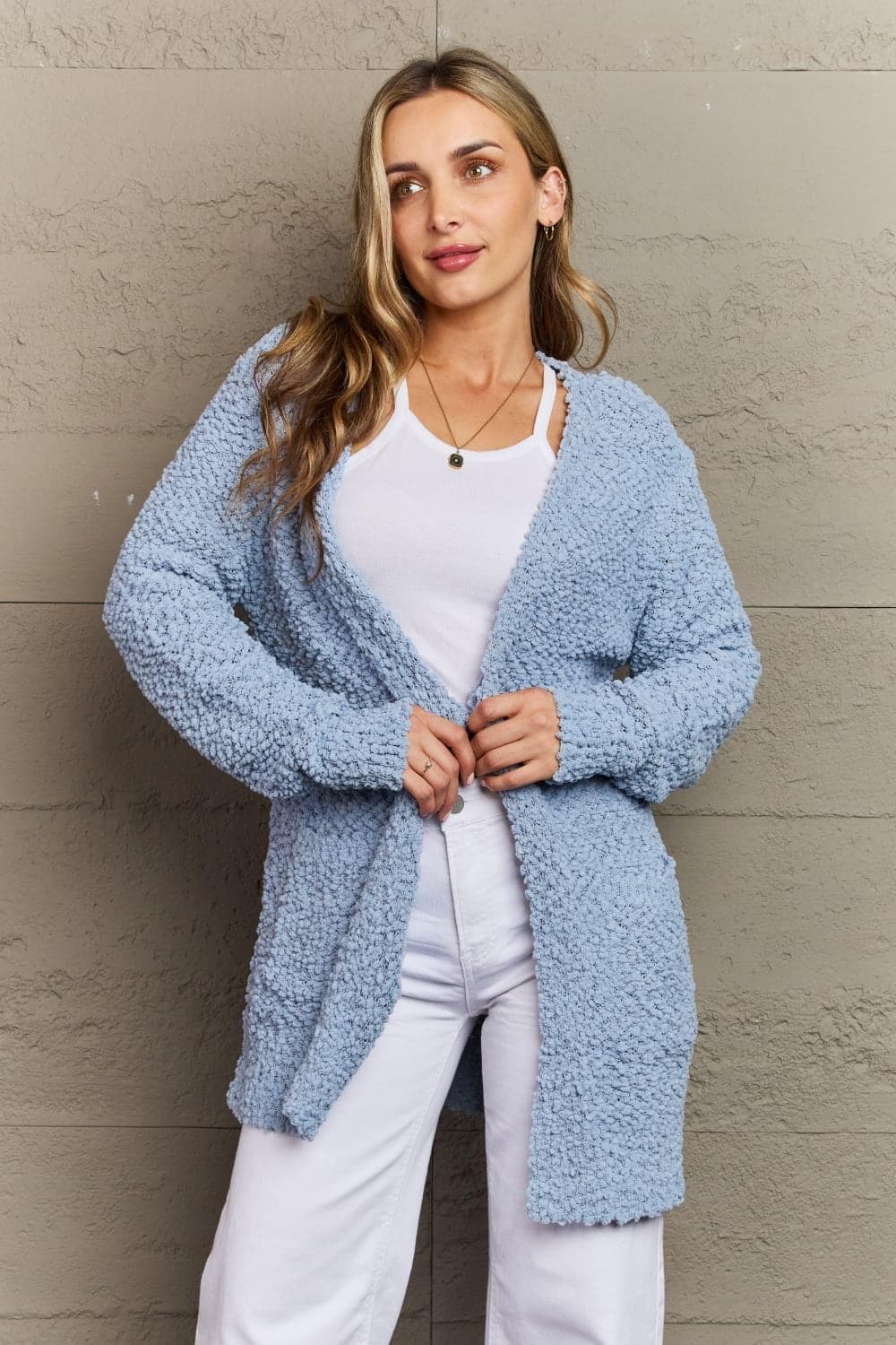 Zenana Falling For You Full Size Open Front Popcorn Cardigan - SwagglyLife Home & Fashion