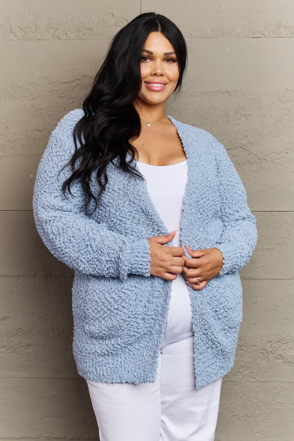 Zenana Falling For You Full Size Open Front Popcorn Cardigan - SwagglyLife Home & Fashion