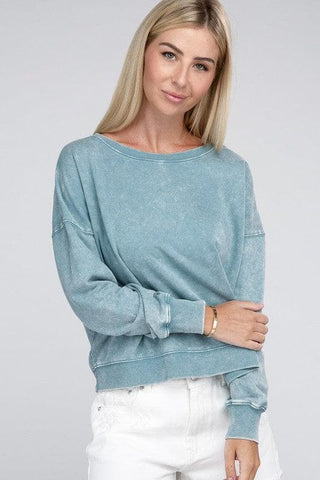 ZENANA French Terry Acid Wash Boat Neck Pullover, Multiple Colors - SwagglyLife Home & Fashion