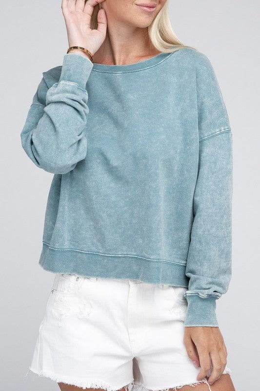 ZENANA French Terry Acid Wash Boat Neck Pullover, Multiple Colors - SwagglyLife Home & Fashion