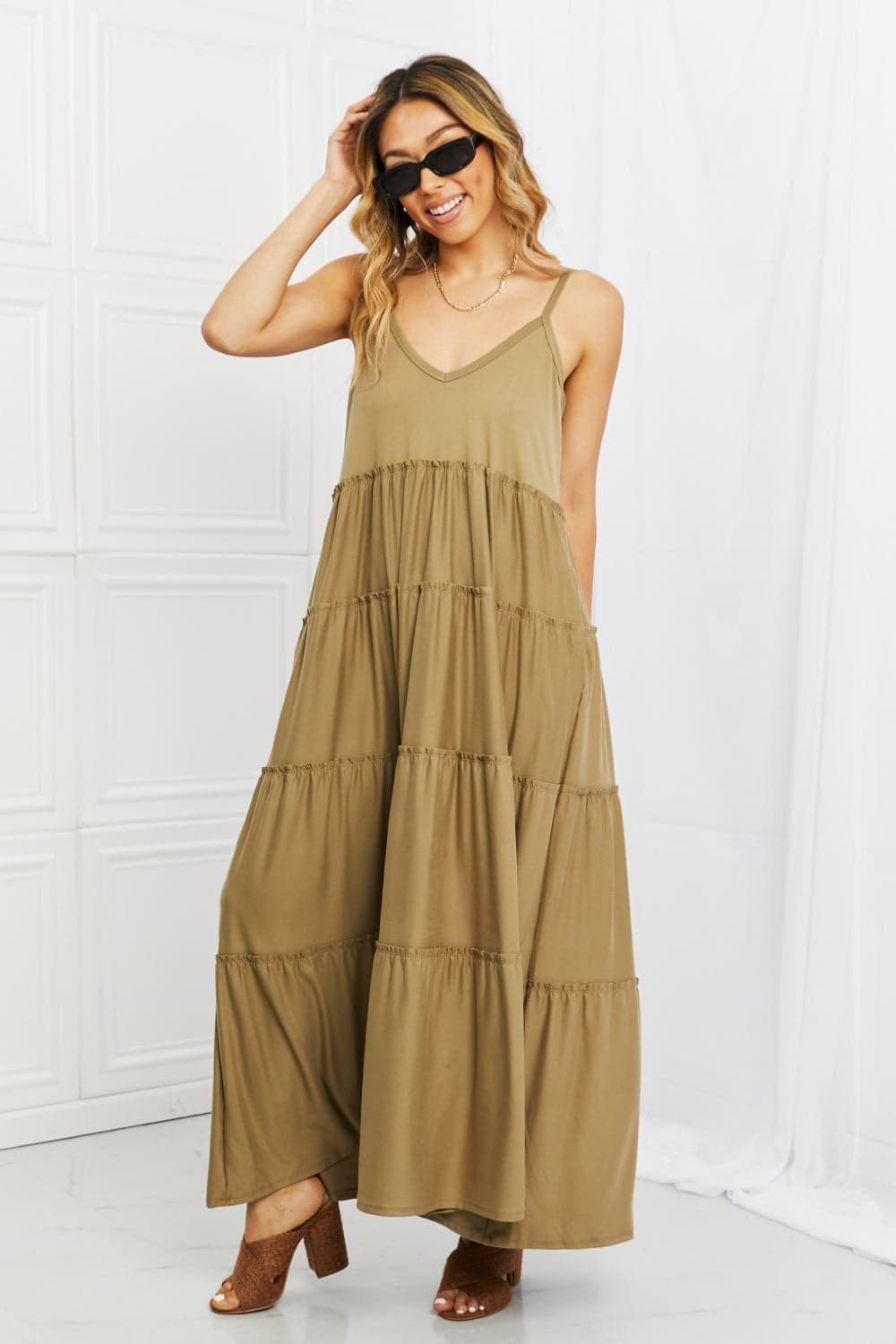 ZENANA Full Size Spaghetti Strap Tiered Dress with Pockets in Khaki - SwagglyLife Home & Fashion