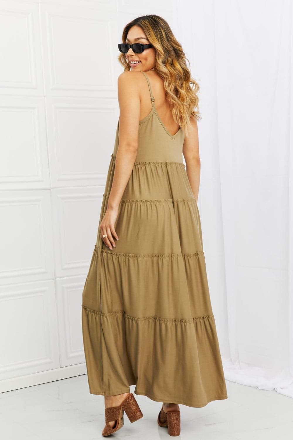 ZENANA Full Size Spaghetti Strap Tiered Dress with Pockets in Khaki - SwagglyLife Home & Fashion