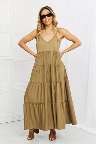 ZENANA Full Size Spaghetti Strap Tiered Dress with Pockets in Khaki - SwagglyLife Home & Fashion