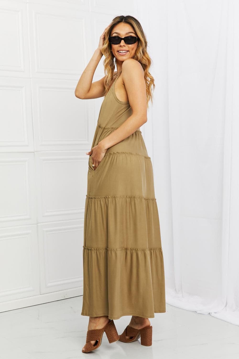 ZENANA Full Size Spaghetti Strap Tiered Dress with Pockets in Khaki - SwagglyLife Home & Fashion