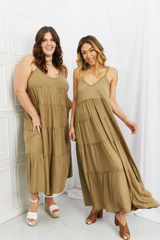 ZENANA Full Size Spaghetti Strap Tiered Dress with Pockets in Khaki - SwagglyLife Home & Fashion