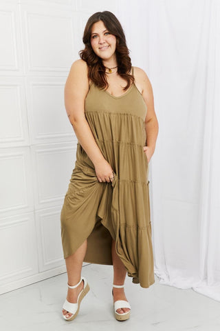 ZENANA Full Size Spaghetti Strap Tiered Dress with Pockets in Khaki - SwagglyLife Home & Fashion