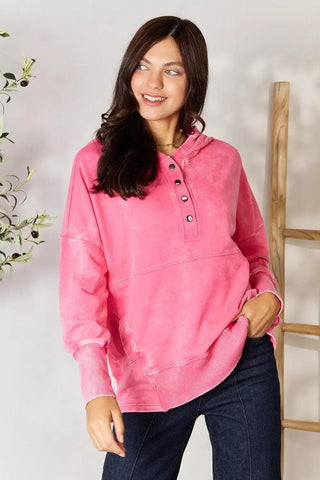 Zenana Half Snap Long Sleeve Hoodie with Pockets - SwagglyLife Home & Fashion