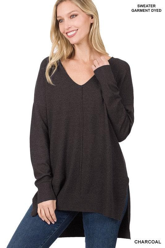 ZENANA Hi-Low Hem V-Neck Center Seam Sweater - SwagglyLife Home & Fashion