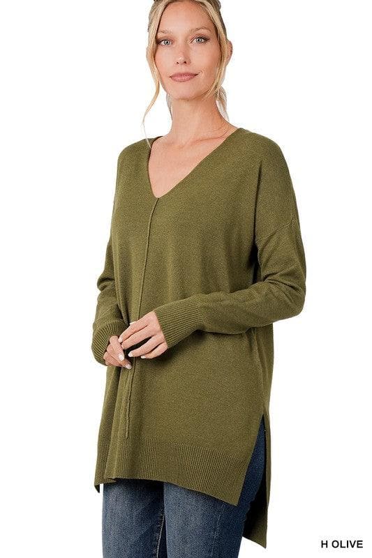 ZENANA Hi-Low Hem V-Neck Center Seam Sweater - SwagglyLife Home & Fashion