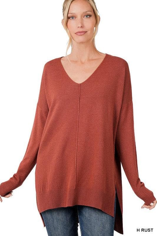 ZENANA Hi-Low Hem V-Neck Center Seam Sweater - SwagglyLife Home & Fashion