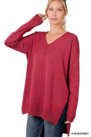 ZENANA Hi-Low Hem V-Neck Center Seam Sweater - SwagglyLife Home & Fashion