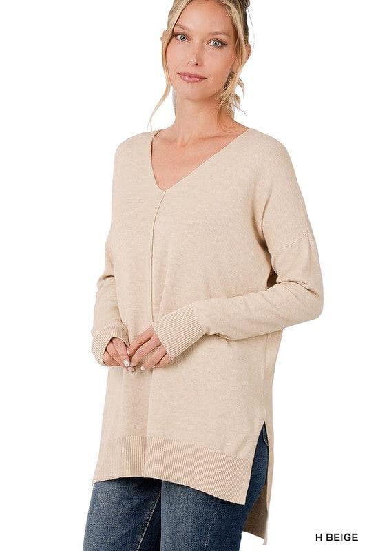 ZENANA Hi-Low Hem V-Neck Center Seam Sweater - SwagglyLife Home & Fashion