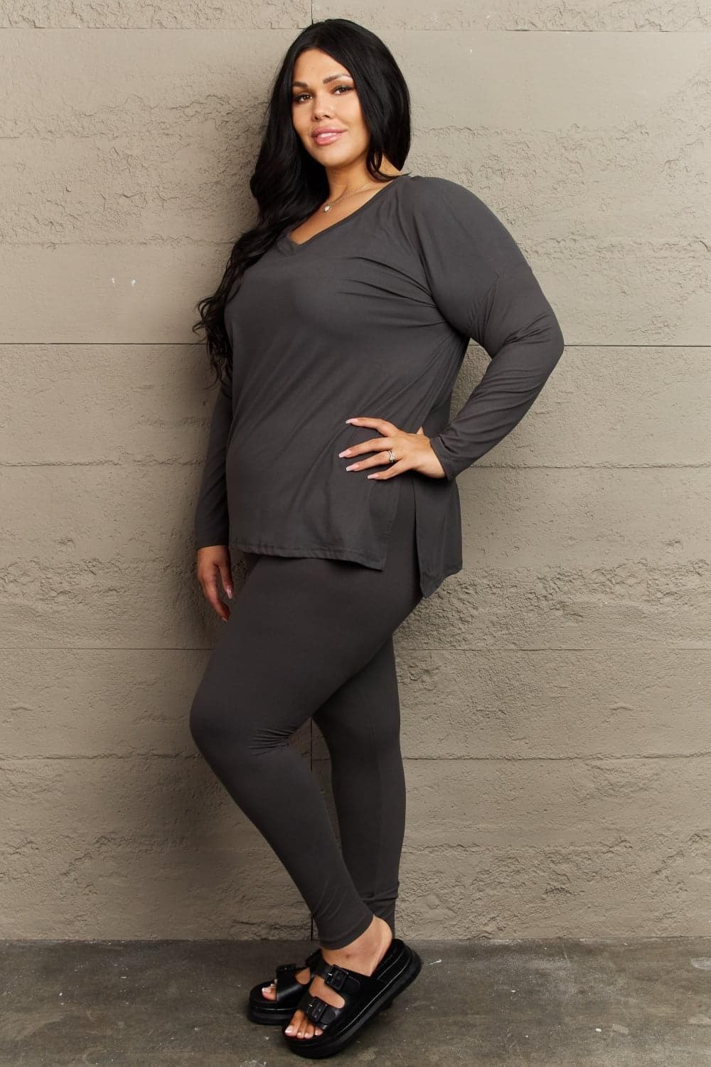 Zenana Lazy Days Full Size Long Sleeve and Leggings Set, Charcoal - SwagglyLife Home & Fashion