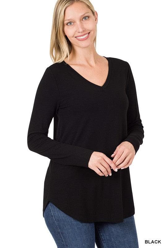 ZENANA Long Sleeve V-Neck Round Hem Top - SwagglyLife Home & Fashion