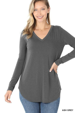 ZENANA Long Sleeve V-Neck Round Hem Top - SwagglyLife Home & Fashion