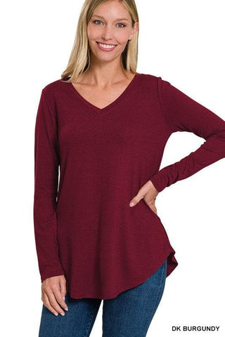 ZENANA Long Sleeve V-Neck Round Hem Top - SwagglyLife Home & Fashion