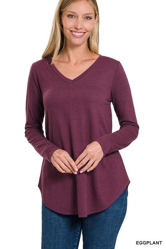 ZENANA Long Sleeve V-Neck Round Hem Top - SwagglyLife Home & Fashion