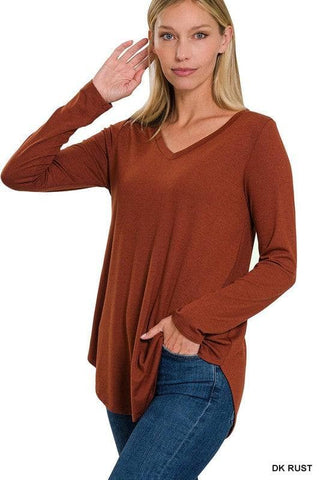 ZENANA Long Sleeve V-Neck Round Hem Top - SwagglyLife Home & Fashion