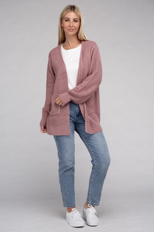 ZENANA Low Gauge Waffle Open Cardigan Sweater - SwagglyLife Home & Fashion