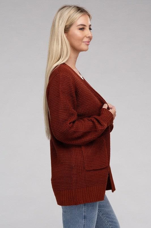 ZENANA Low Gauge Waffle Open Cardigan Sweater - SwagglyLife Home & Fashion